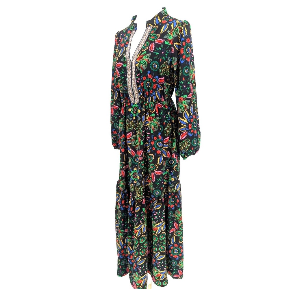 RusttyDustty Black Floral Tiered Ruffle Maxi Dress SML Rio Boho Cottage Prairie - Picture 3 of 16